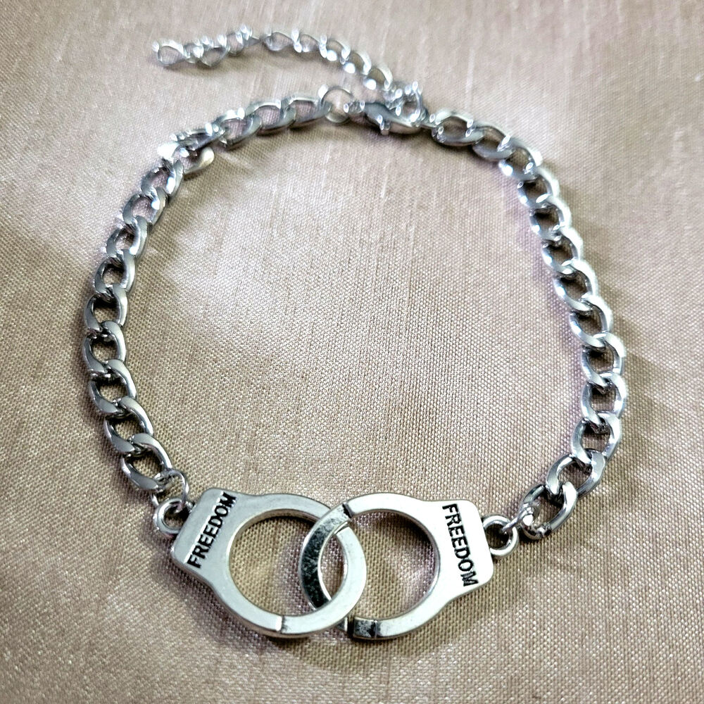 "Freedom" handcuff silver tone chain bracelet